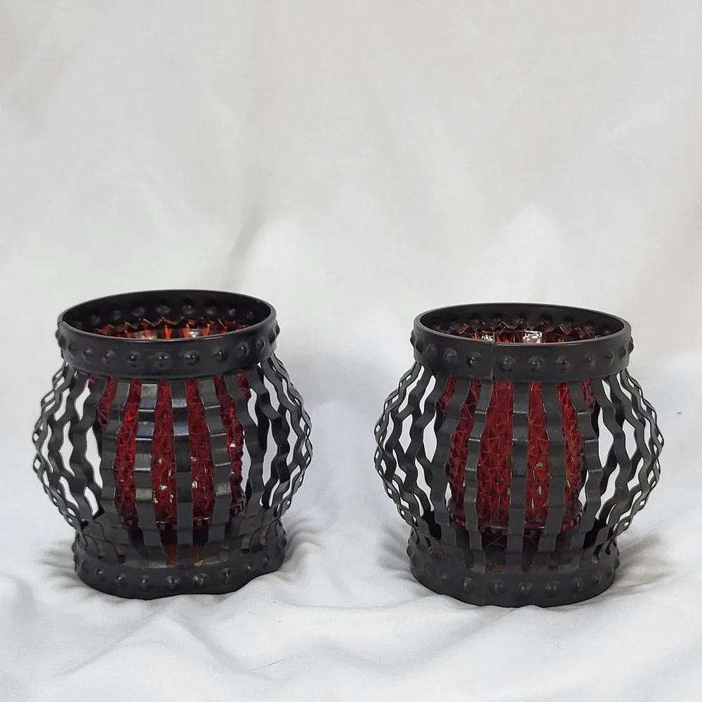 Vintage Ruby Red Diamond Point Glass Peg Votive Candle Holders Metal Cage Set 2